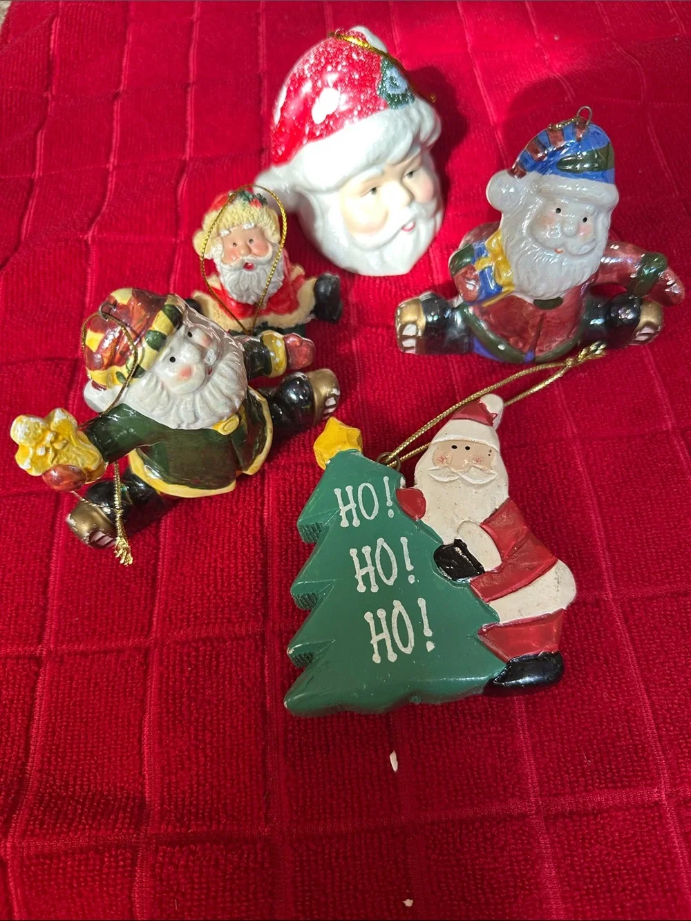 5 Santa Christmas Ornaments Ice Skating Ceramic Resin Bell Holiday Lot Vintage
